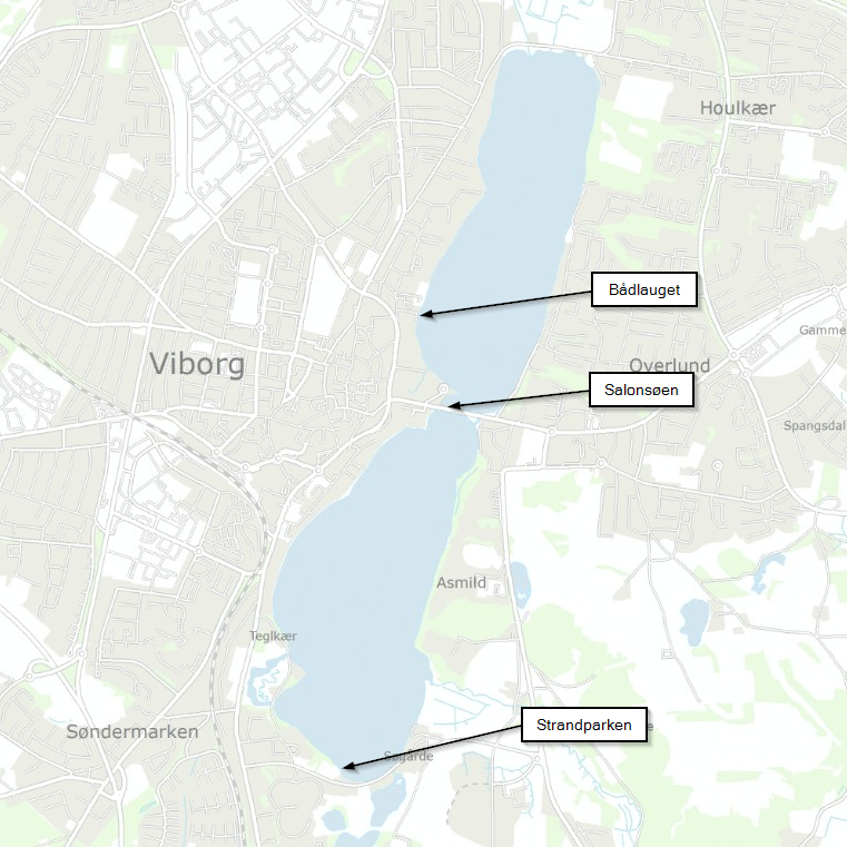 Grafisk kort over Nørresø og Søndersø i Viborg. Bådpladserne er markeret.