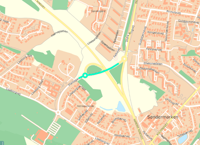 Kort over den sydlige del af Viborg. Plantagevej markeret med grønt.